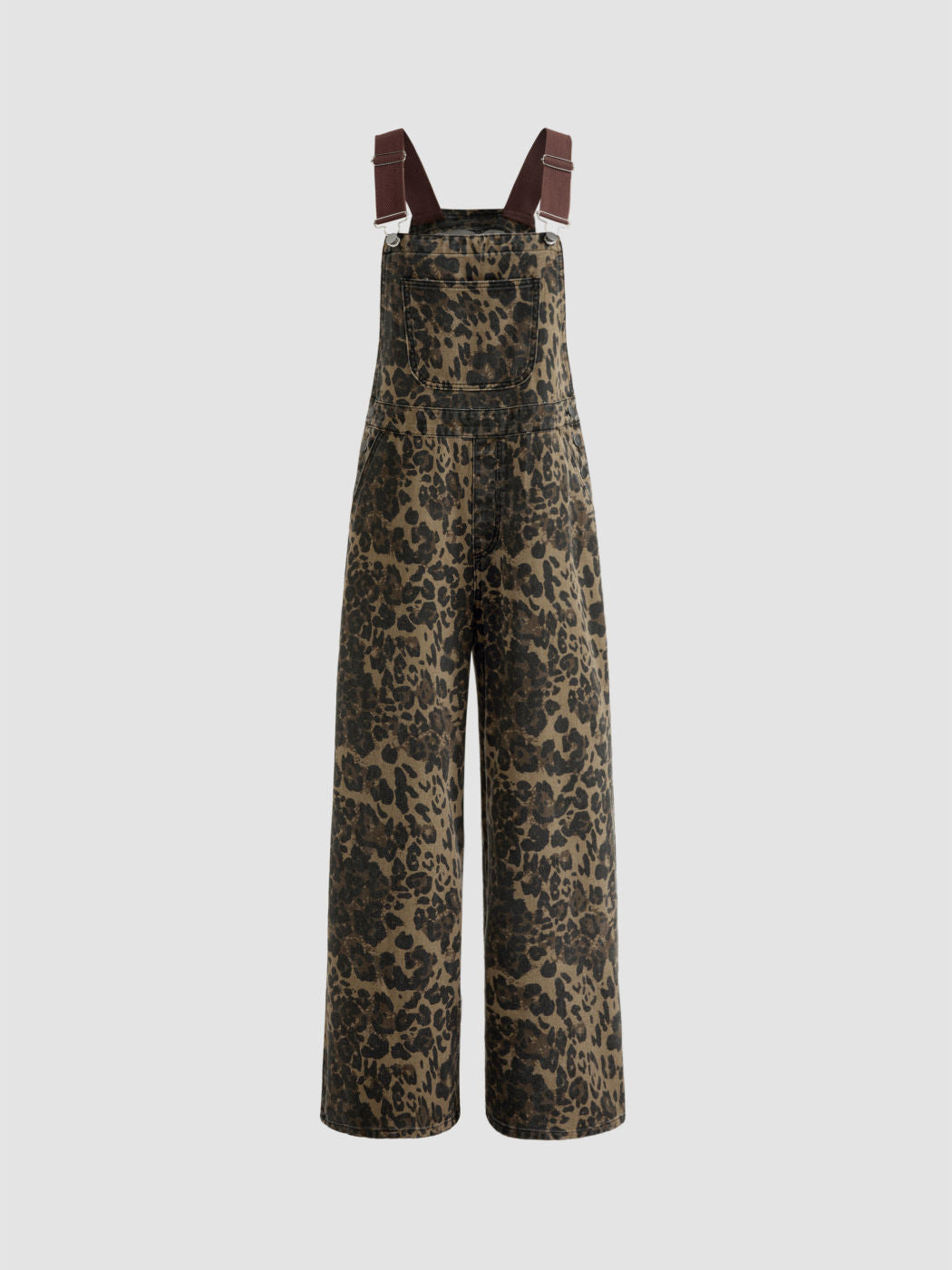 DENIM LEOPARD POCKET BUCKLE UP WIDE LEG OVERSIZED JUMPSUIT