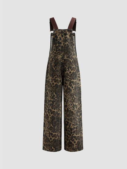 DENIM LEOPARD POCKET BUCKLE UP WIDE LEG OVERSIZED JUMPSUIT