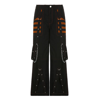 Retro Dark Style Cool Ribbon Chain Casual Pants Contrast Striped Mesh Splicing Wide Leg Pants