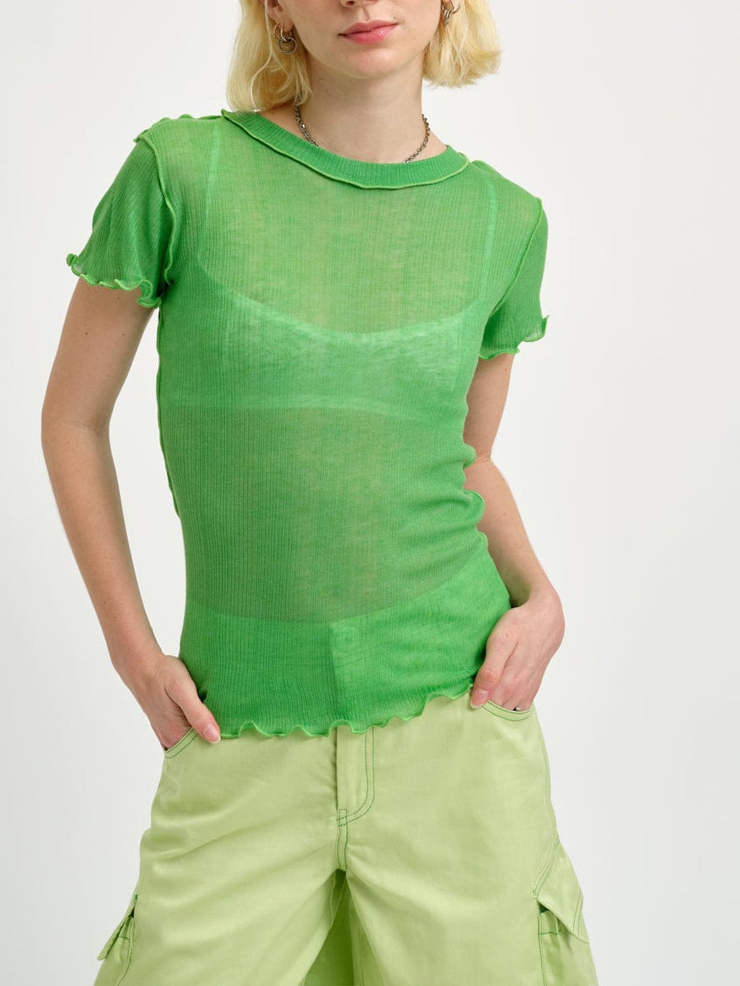 Women's Ruffle Short Sleeve Mesh See-through T-shirt