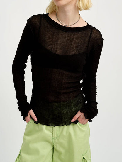 Women's Ruffle Long Sleeve Mesh See-through T-shirt