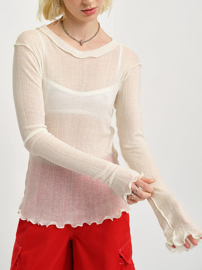 Women's Ruffle Long Sleeve Mesh See-through T-shirt