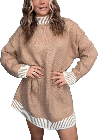 Autumn And Winter Women's Casual Contrast Color Stitching Sweater Dress