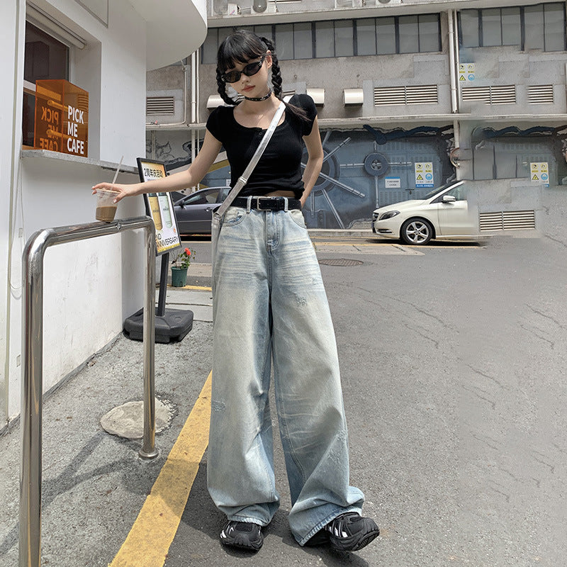 Retro Washed Distressed lLoose Wide-leg Pants High Waist Straight Leg Women's Pants