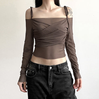 New Women's Clothing Hot Girl One-Shoulder Raglan Sleeves Long Sleeves Waist Exposed Navel Slim T-shirt