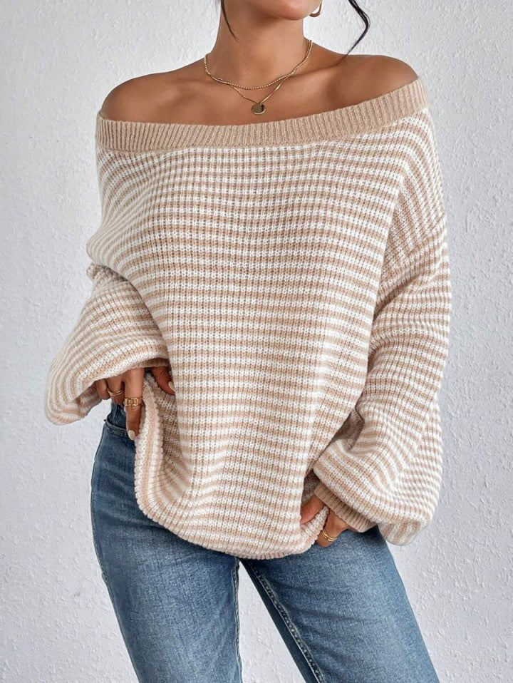 Ladies New Wide Collar Drop Shoulder Versatile Pullover Loose Striped Sweater