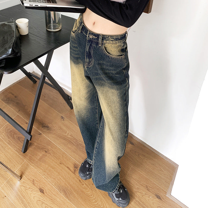 Women's Retro Loose Casual Versatile Denim Wide Leg Pants Mopping Trousers