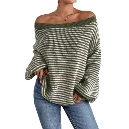 Ladies New Wide Collar Drop Shoulder Versatile Pullover Loose Striped Sweater