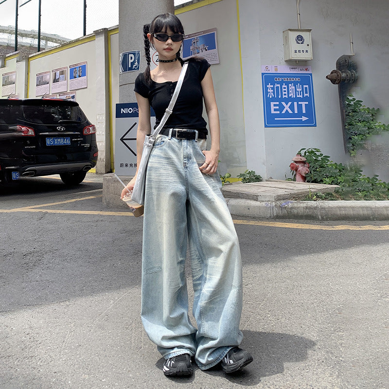 Retro Washed Distressed lLoose Wide-leg Pants High Waist Straight Leg Women's Pants