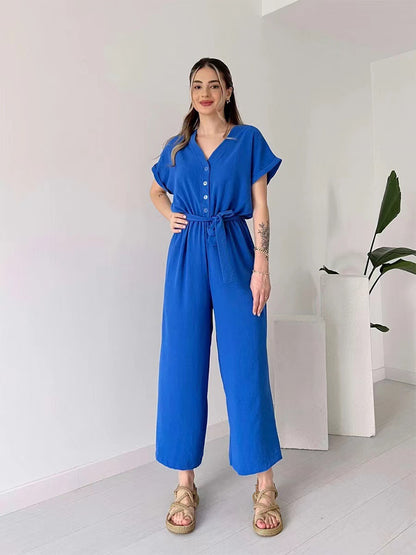 Ice Silk V-Neck Single-Breasted Sleeve Lace-Up Wide-Leg Cropped Jumpsuit