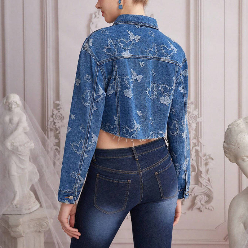 New Autumn Butterfly Print Ladies Retro Short Denim Jacket.