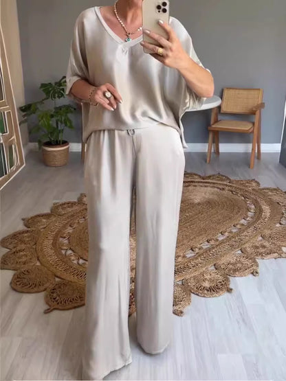 Fashion Solid Color Mercerized V-Neck Casual Suit For Women