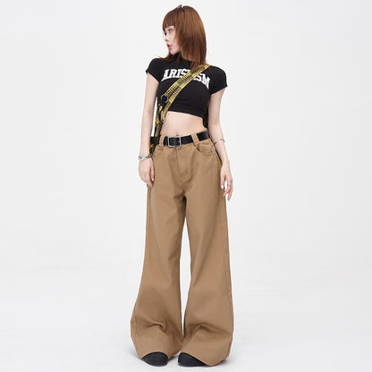 Women's Brown High Waist Button Straight Wide Leg Pants