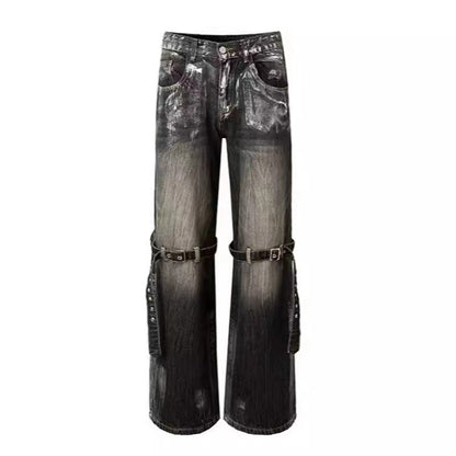 Women's Street Style Silver Bandage Jeans Straight-leg Floor-Mopping Pants