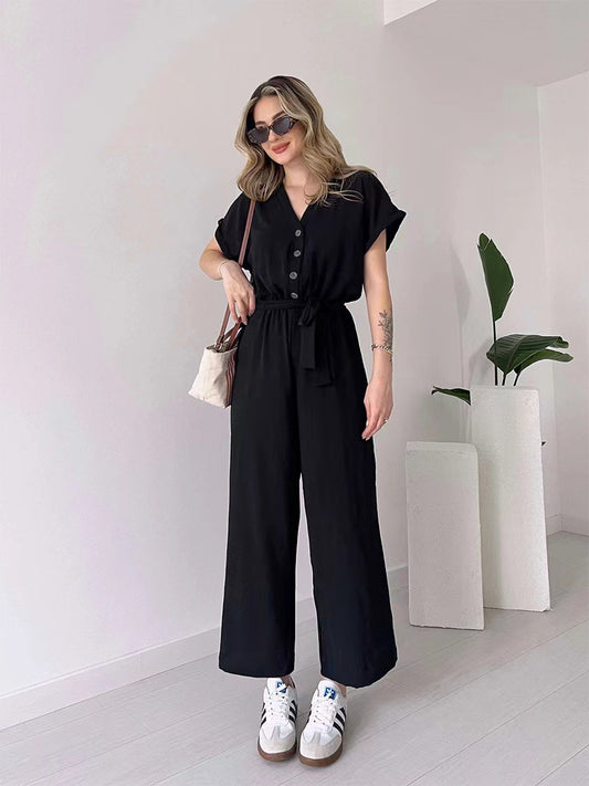 Ice Silk V-Neck Single-Breasted Sleeve Lace-Up Wide-Leg Cropped Jumpsuit