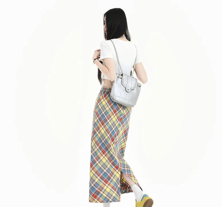 Women's Sweet Style Colorful Plaid High Waist Slim Fit Dopamine Long Skirt