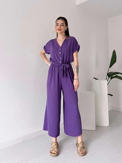 Ice Silk V-Neck Single-Breasted Sleeve Lace-Up Wide-Leg Cropped Jumpsuit