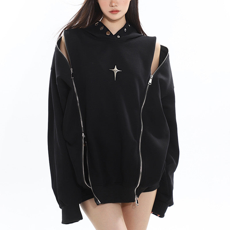 American Style Double Zipper Hooded Sweatshirt for Women Autumn High Street Metallic Couple Jacket Niche Hollow Design Hoodie Trend.