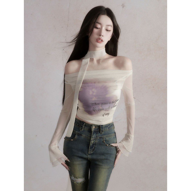 Retro Butterfly Tie-Dye One Shoulder Slim Fit Long Sleeve Short T-Shirt Women