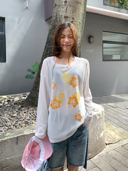 Lazy Style Flower Print Sun Protection Shirt Women's Thin Long Sleeve Slightly Transparent Top