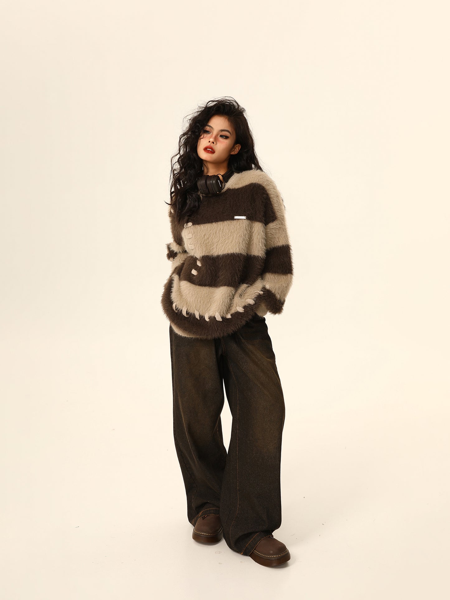 Autumn and Winter Loose Design Lazy Striped Mink Sweater for Women