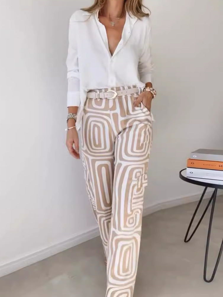 Casual Women's Wear High-End Digital Printing Commuter Shirt Loose Trousers Two-Piece Suit