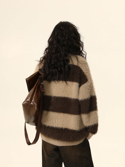 Autumn and Winter Loose Design Lazy Striped Mink Sweater for Women