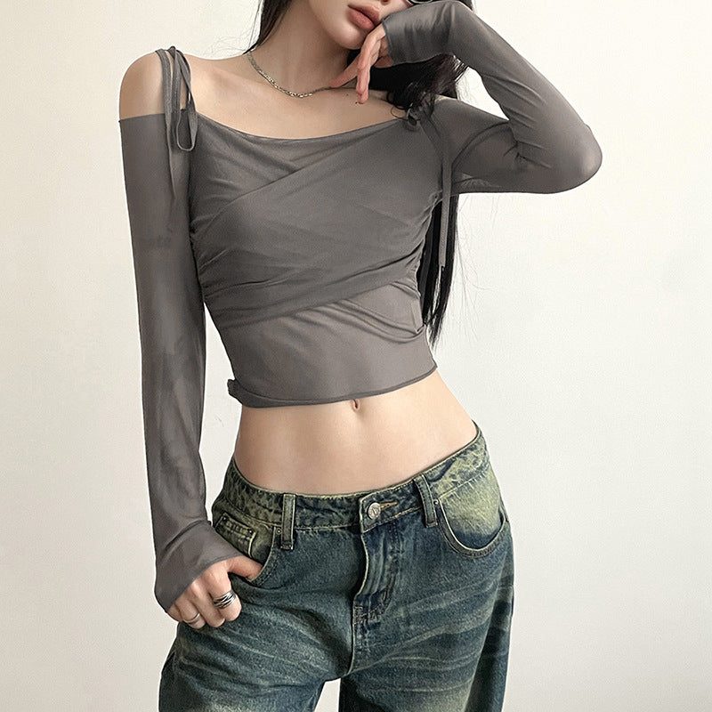 New Women's Clothing Hot Girl One-Shoulder Raglan Sleeves Long Sleeves Waist Exposed Navel Slim T-shirt