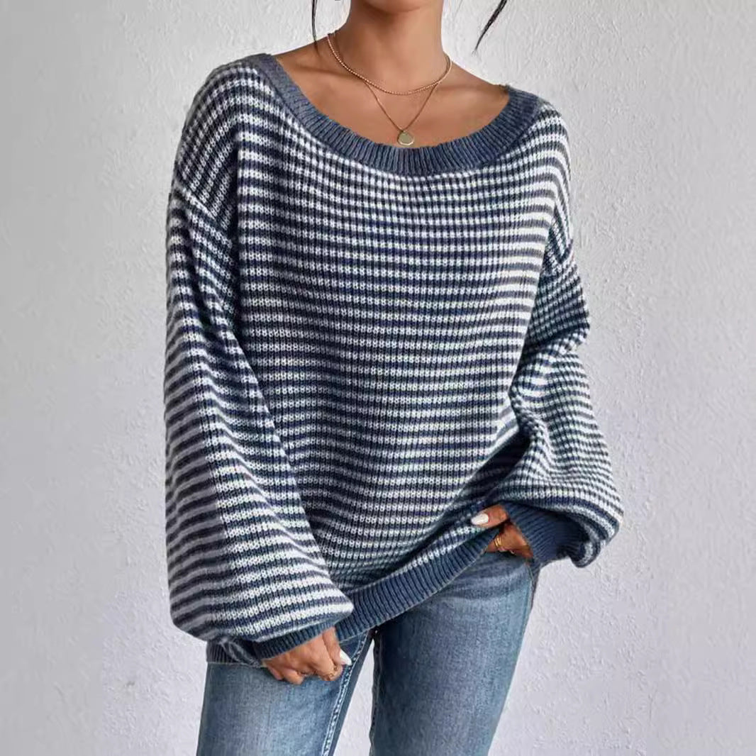 Ladies New Wide Collar Drop Shoulder Versatile Pullover Loose Striped Sweater