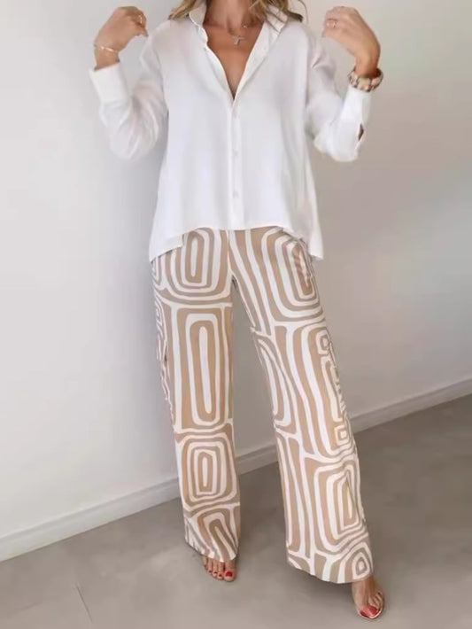 Casual Women's Wear High-End Digital Printing Commuter Shirt Loose Trousers Two-Piece Suit