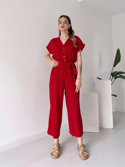 Ice Silk V-Neck Single-Breasted Sleeve Lace-Up Wide-Leg Cropped Jumpsuit