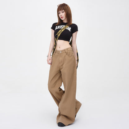 Women's Brown High Waist Button Straight Wide Leg Pants