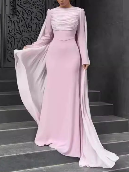 50%OFF||Fashionable Pleated Long Sleeve Satin New Solid Color Dress