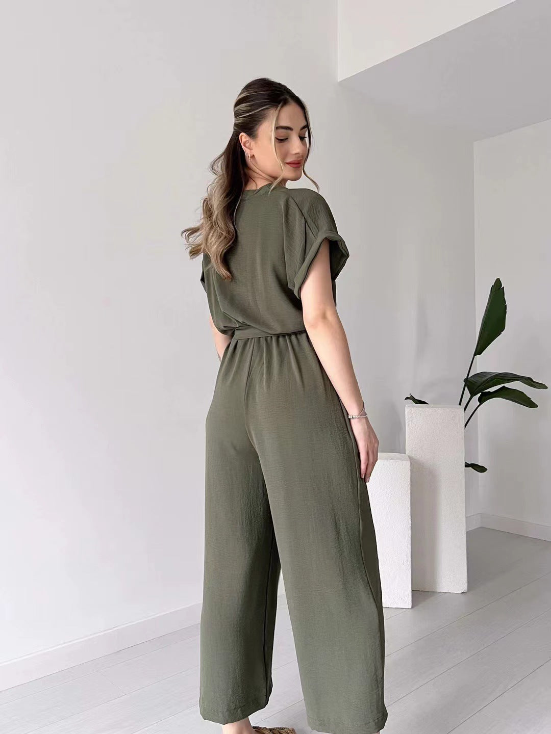 Ice Silk V-Neck Single-Breasted Sleeve Lace-Up Wide-Leg Cropped Jumpsuit