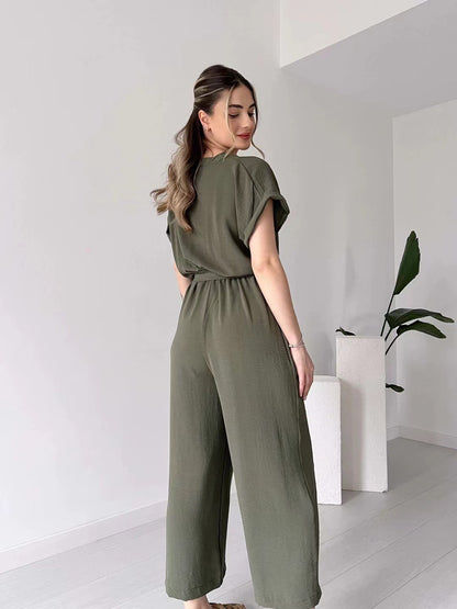 Ice Silk V-Neck Single-Breasted Sleeve Lace-Up Wide-Leg Cropped Jumpsuit