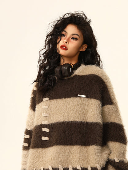 Autumn and Winter Loose Design Lazy Striped Mink Sweater for Women