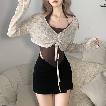 Irregular Camisole Women's Camisole Drawstring Slim Fit Long Sleeve T-shirt Women's Spring and Autumn Two-piece Set