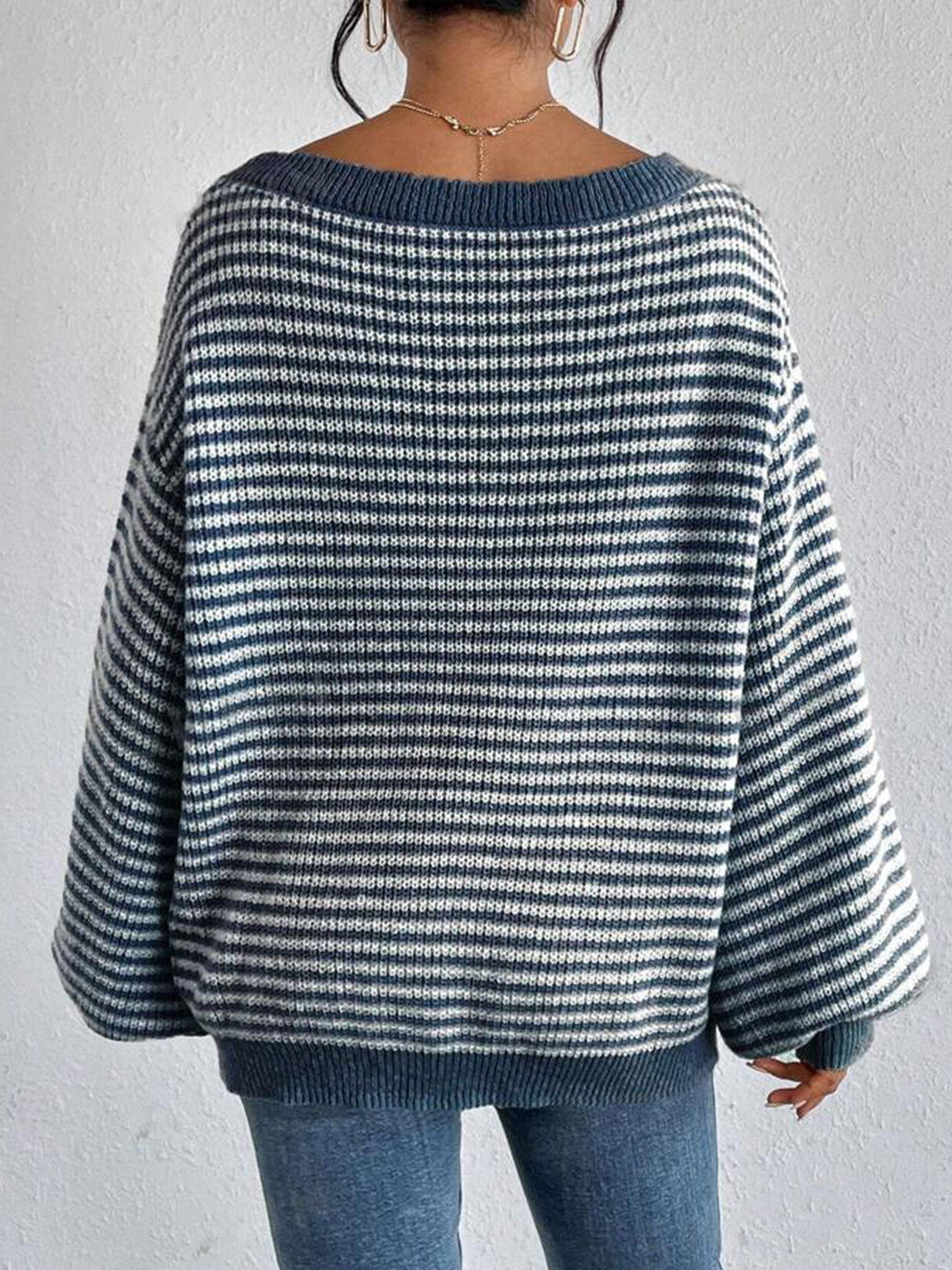 Ladies New Wide Collar Drop Shoulder Versatile Pullover Loose Striped Sweater