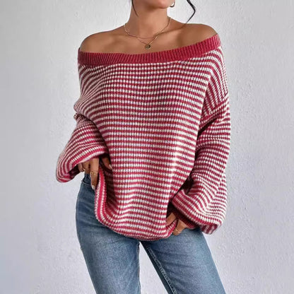 Ladies New Wide Collar Drop Shoulder Versatile Pullover Loose Striped Sweater