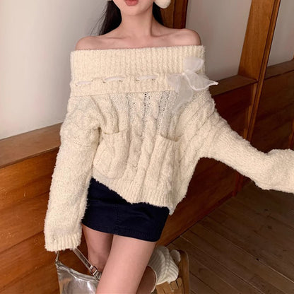 White One Shoulder Sweater Women's Autumn and Winter Lazy Style Loose Slim Twisted Medium and Long Knitted Coat Knitted Sweater