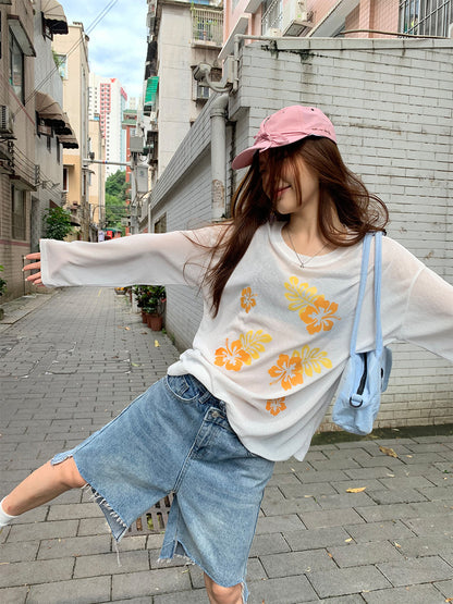 Lazy Style Flower Print Sun Protection Shirt Women's Thin Long Sleeve Slightly Transparent Top