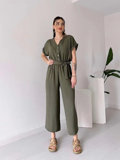 Ice Silk V-Neck Single-Breasted Sleeve Lace-Up Wide-Leg Cropped Jumpsuit