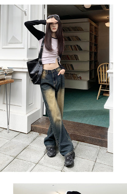 Women's Retro Loose Casual Versatile Denim Wide Leg Pants Mopping Trousers