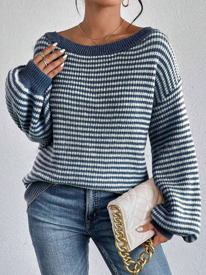 Ladies New Wide Collar Drop Shoulder Versatile Pullover Loose Striped Sweater