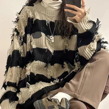 New Autumn And Winter Lazy Style Loose Tassel Sweater Women's Top Striped Round Neck