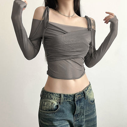 New Women's Clothing Hot Girl One-Shoulder Raglan Sleeves Long Sleeves Waist Exposed Navel Slim T-shirt