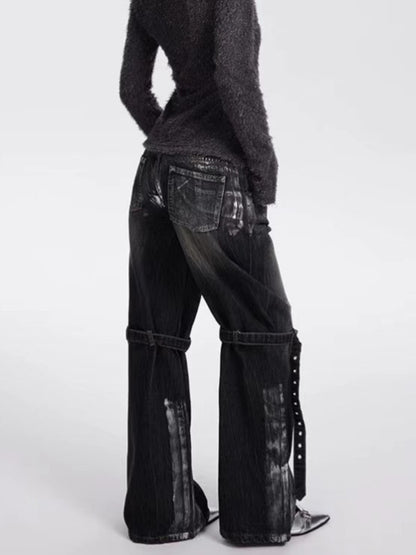 Women's Street Style Silver Bandage Jeans Straight-leg Floor-Mopping Pants