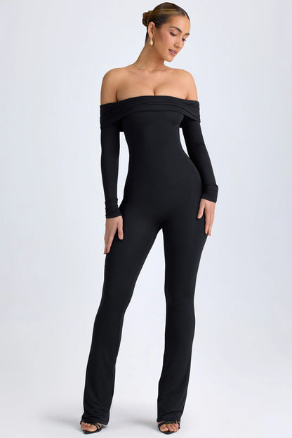 AGNESA MODAL OFF - SHOULDER RUCHED JUMPSUIT IN BLACK