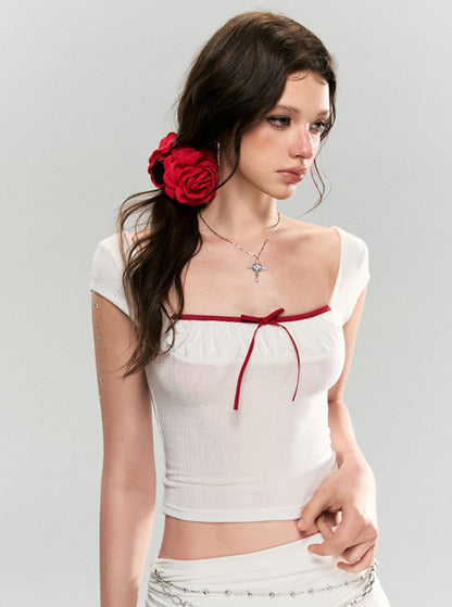 New Fashion Red Bow Short Sleeve Top