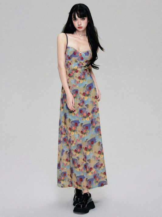 Women's Fashion New Retro Floral Suspender Dress